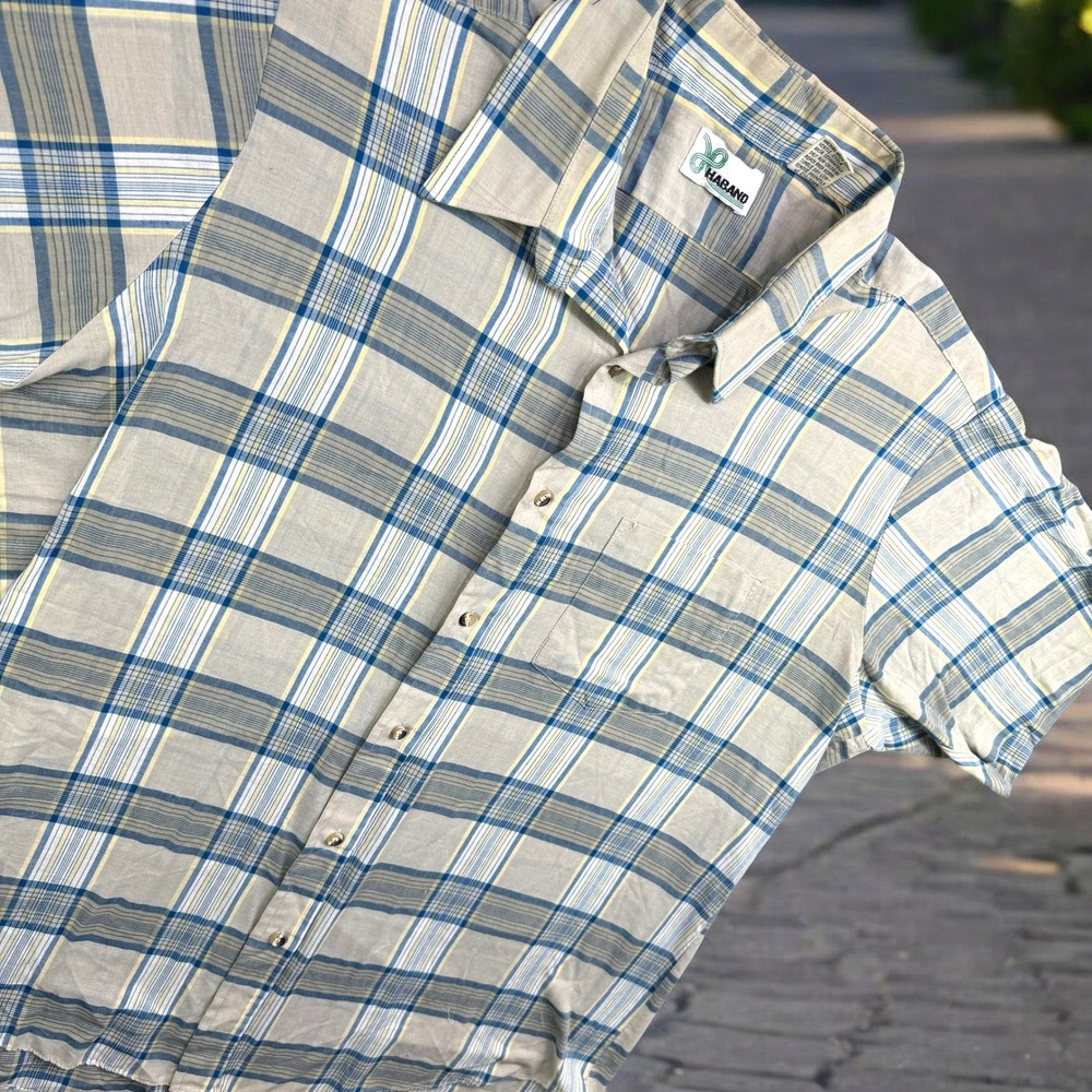Vintage Haband Shirt‎ Men L Beige Plaid Short Sleeve Casual Dad Core Shirt Camp